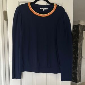 Trina Turk Navy Top with Rainbow Collar and Puffy Shoulders Size XL